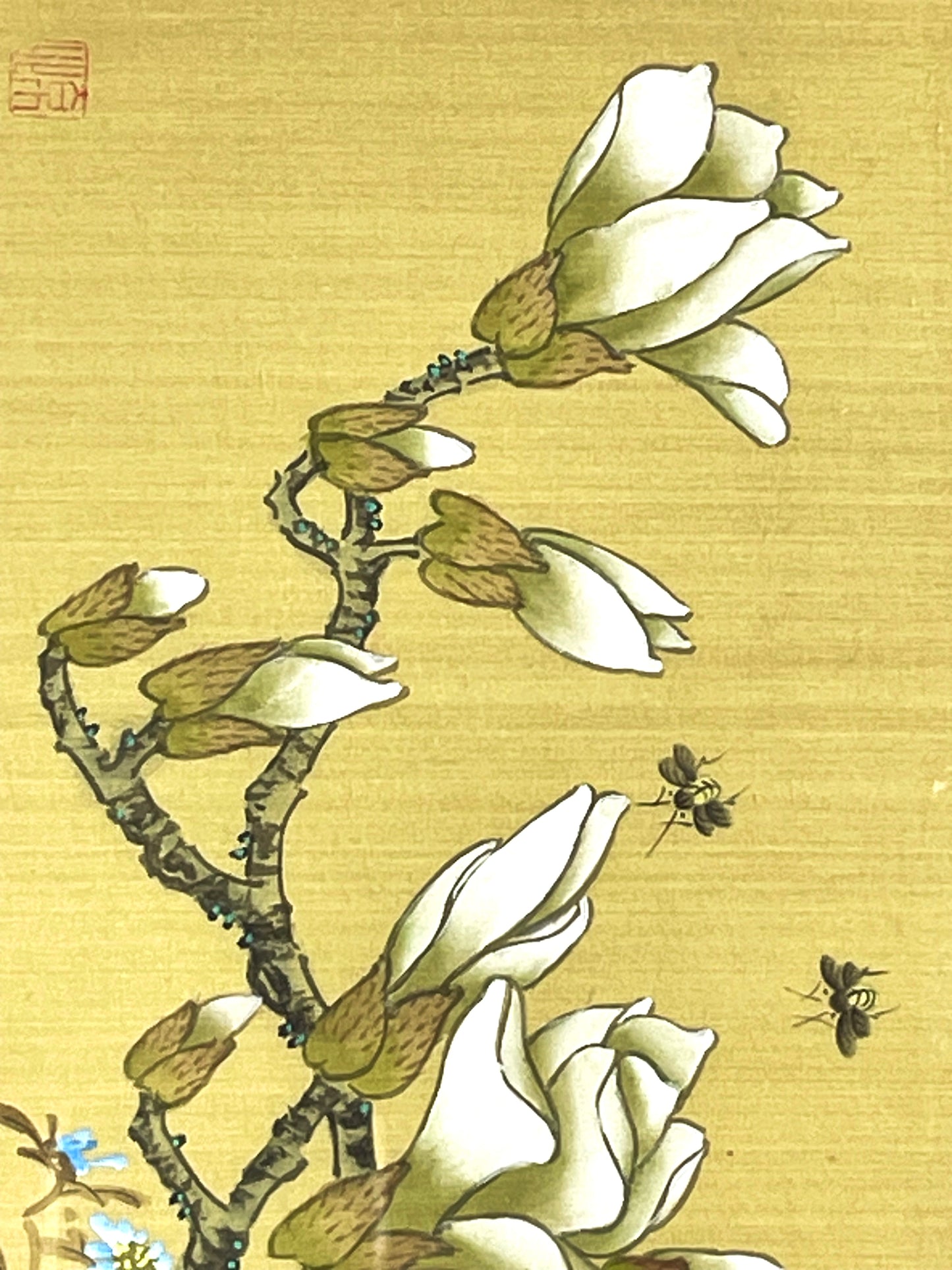 Vintage Chinese Painting on Silk of Magnolia Flowers & Insects Faux Bamboo Frame