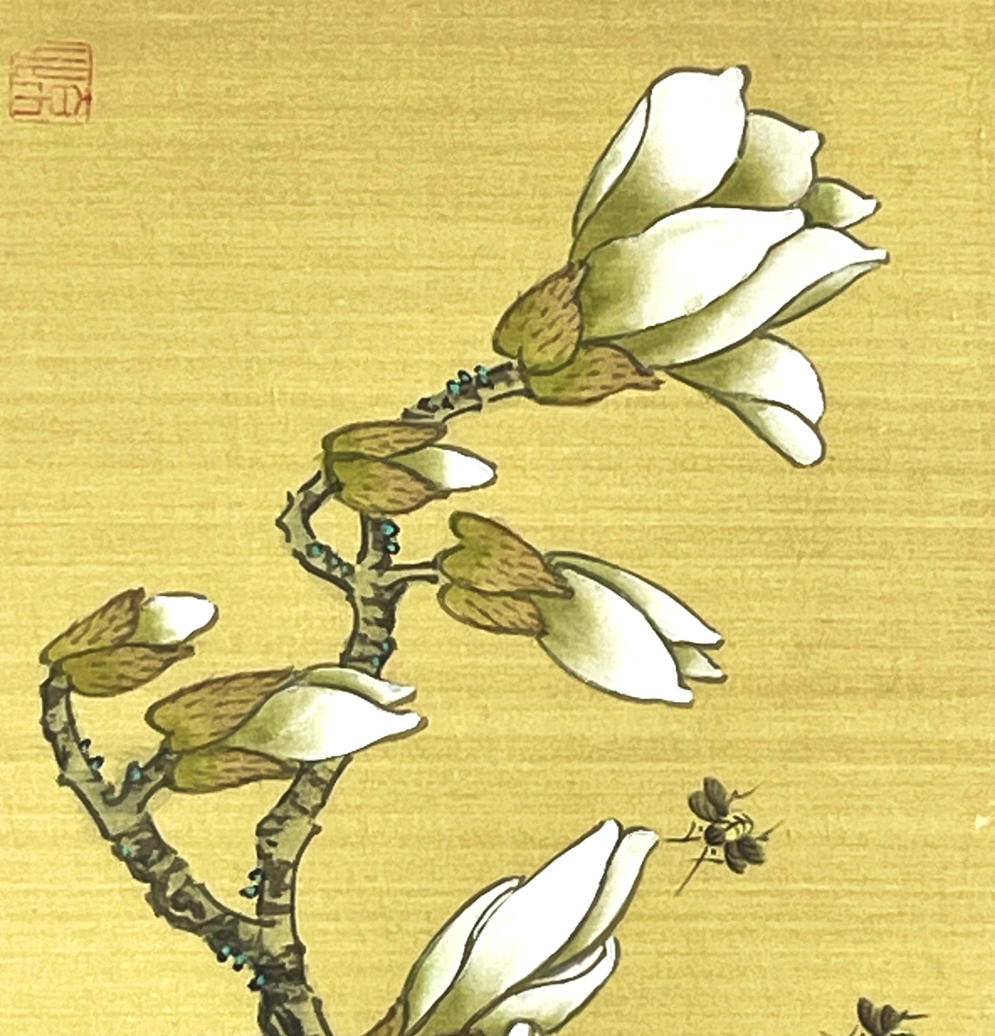 Vintage Chinese Painting on Silk of Magnolia Flowers & Insects Faux Bamboo Frame