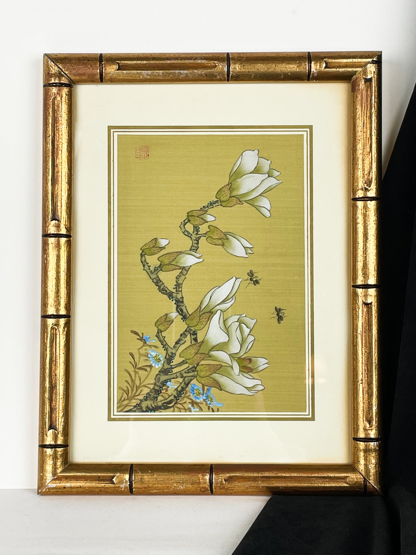 Vintage Chinese Painting on Silk of Magnolia Flowers & Insects Faux Bamboo Frame