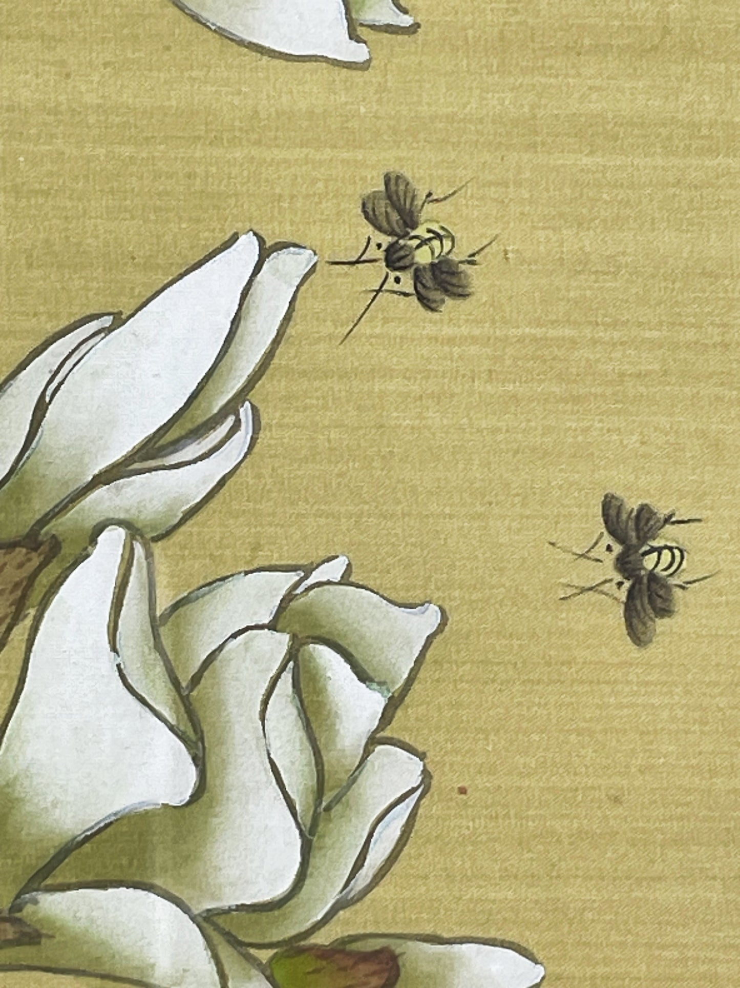 Vintage Chinese Painting on Silk of Magnolia Flowers & Insects Faux Bamboo Frame