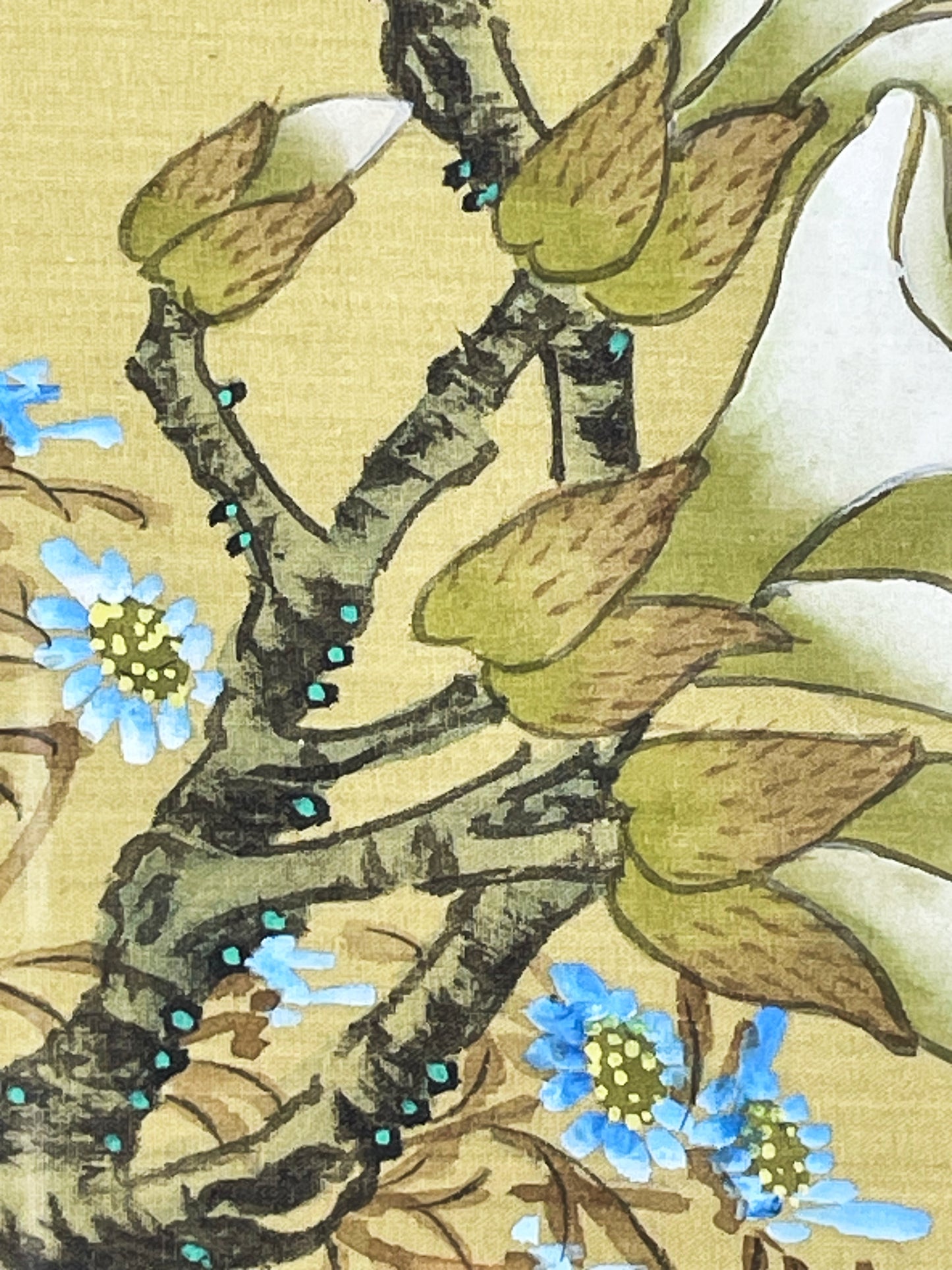 Vintage Chinese Painting on Silk of Magnolia Flowers & Insects Faux Bamboo Frame