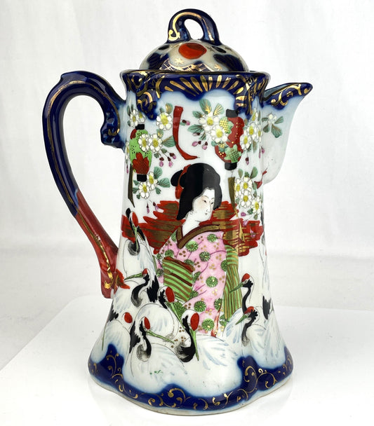 Antique Japanese Kutani Geisha Ware Cobalt Blue Coffee Chocolate Pot