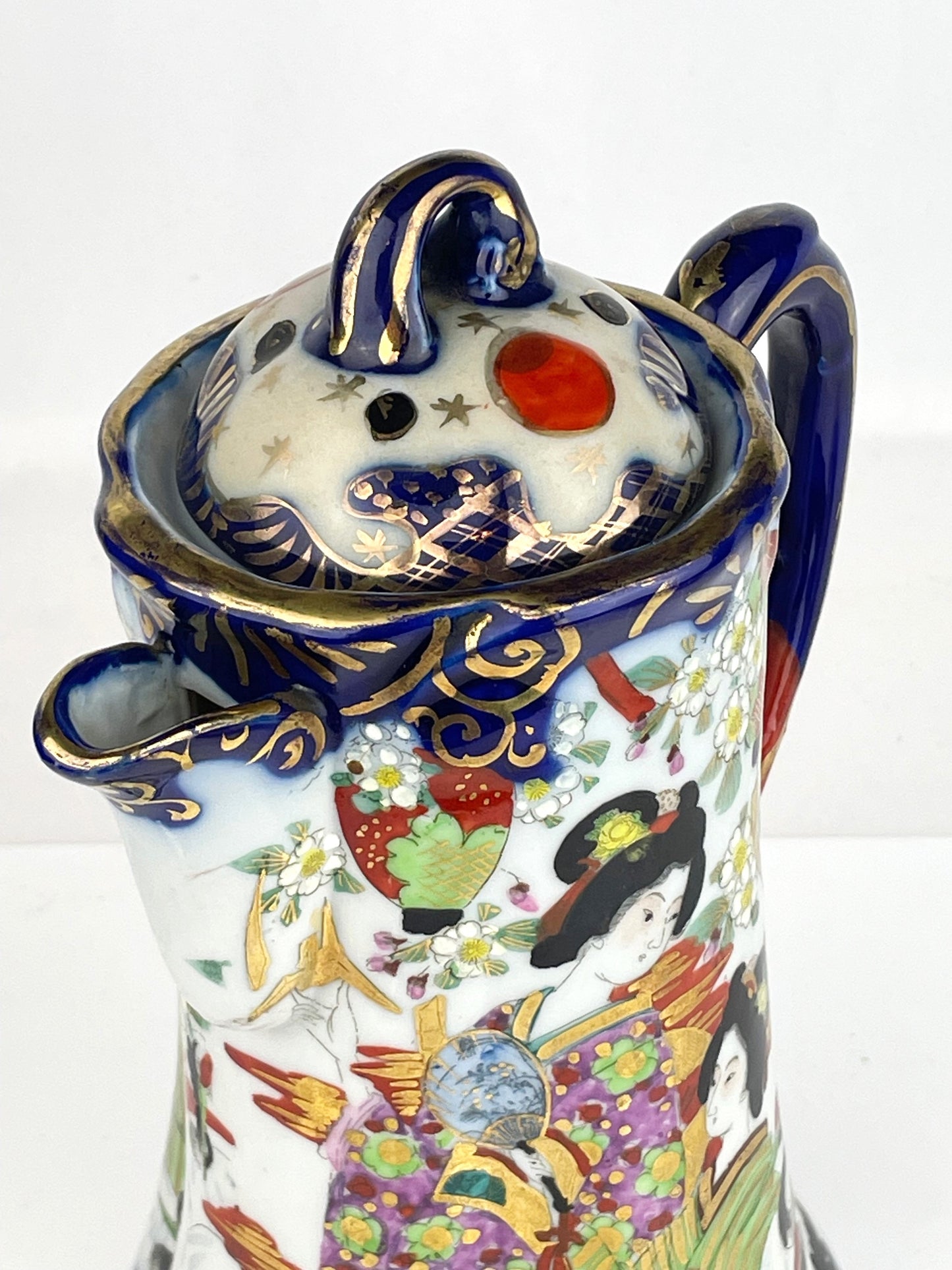 Antique Japanese Kutani Geisha Ware Cobalt Blue Coffee Chocolate Pot