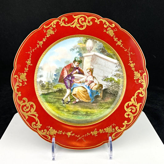 Sèvres France Signed "Pinel" Porcelain Red & Gilt Courting Scene Cabinet Plate
