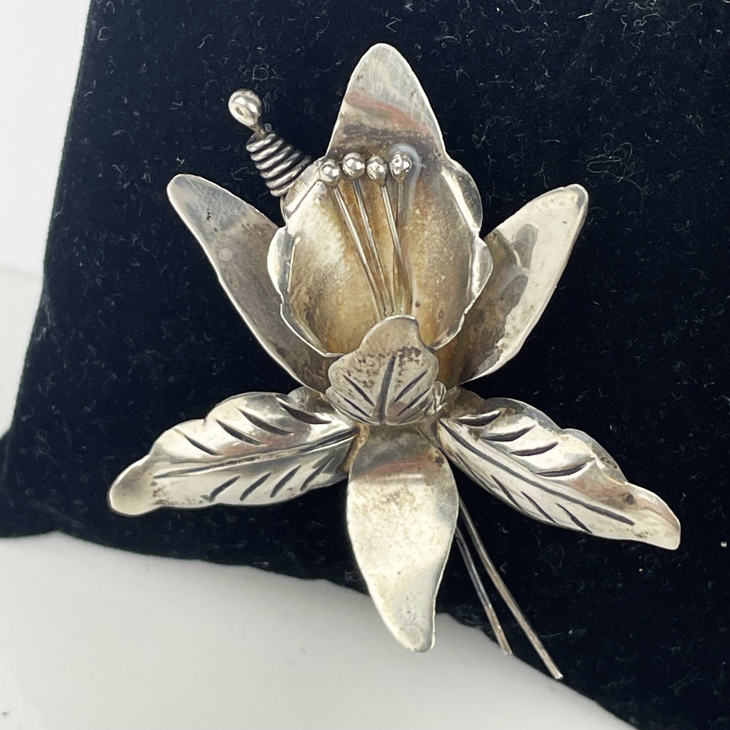 Signed JMT Taxco Mexico Sterling Silver Orchid Flower Brooch