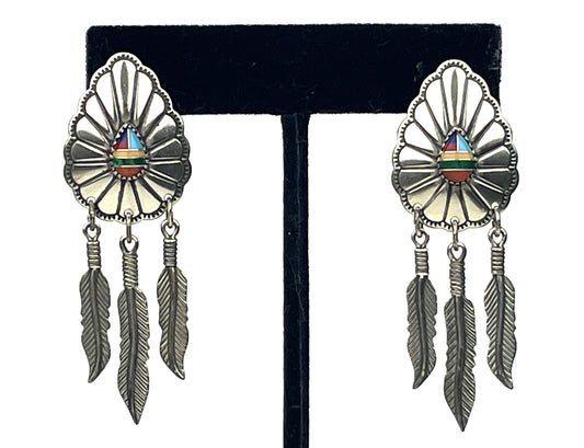 Vintage Signed Wheeler South Dakota Inlaid Sterling Shield & Feather Earrings