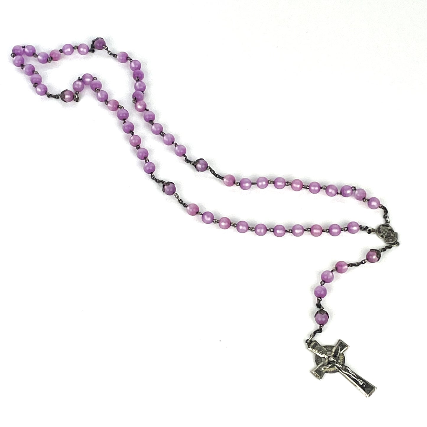 Sterling Rosary Cross Necklace with Luminescent Purple Lavender Beads