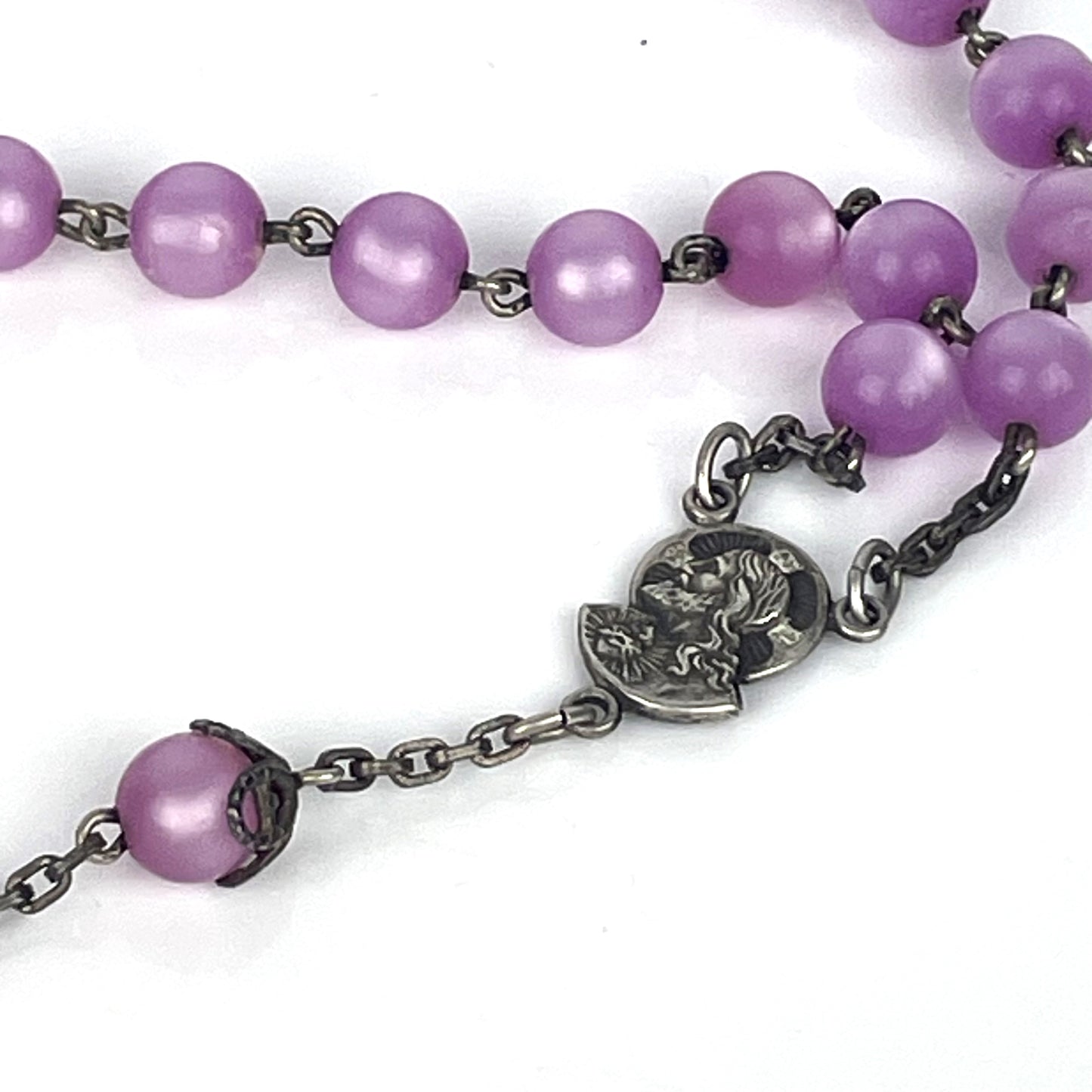 Sterling Rosary Cross Necklace with Luminescent Purple Lavender Beads