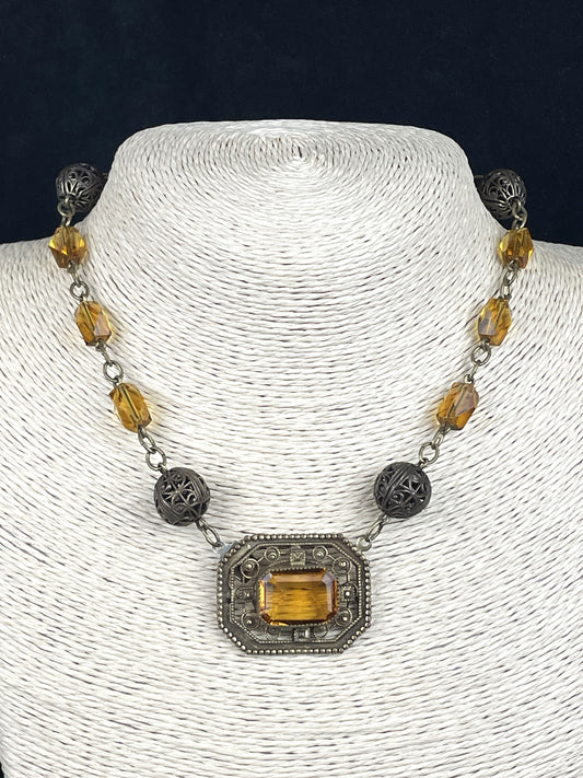 Antique Art Deco Czech Bohemian Amber Glass Front Clasp Choker Necklace