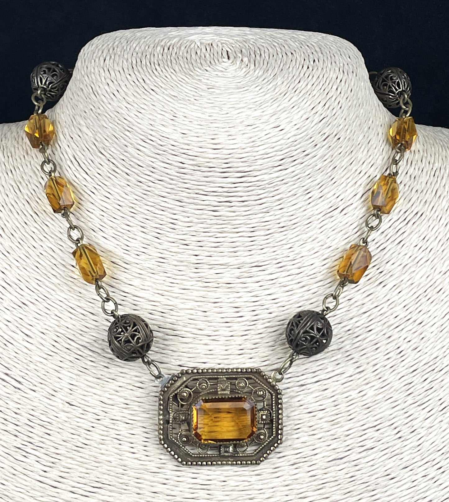 Antique Art Deco Czech Bohemian Amber Glass Front Clasp Choker Necklace