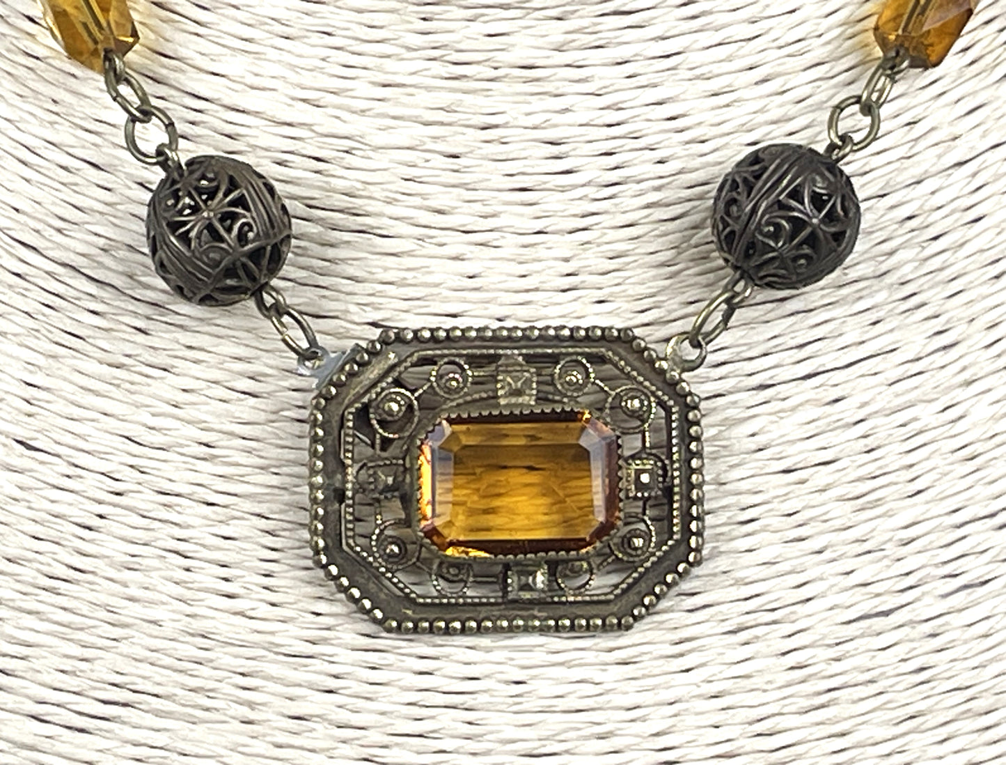 Antique Art Deco Czech Bohemian Amber Glass Front Clasp Choker Necklace
