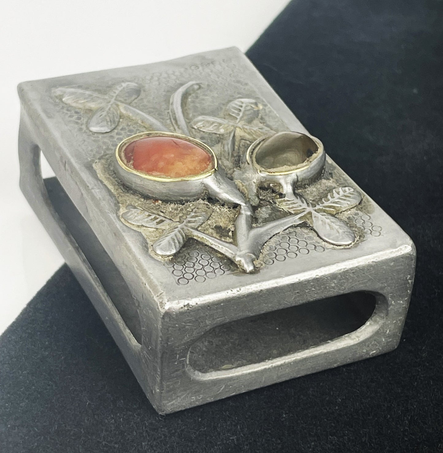 Antique Chinese Export Unique Metal Match Box Holder with Inlaid Stones