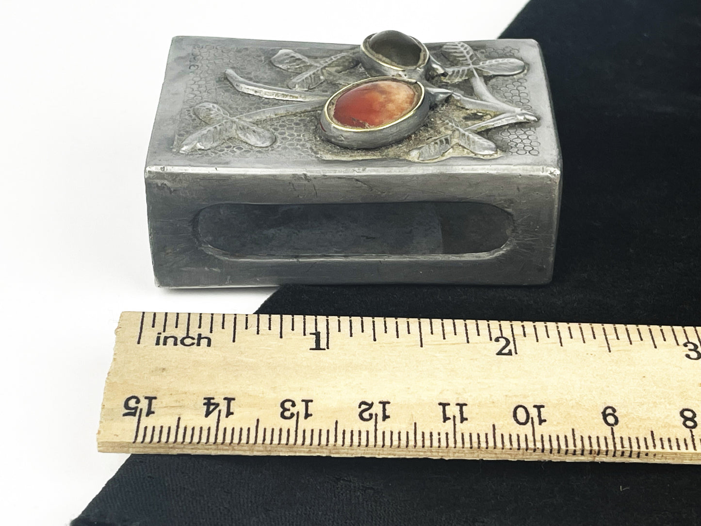 Antique Chinese Export Unique Metal Match Box Holder with Inlaid Stones