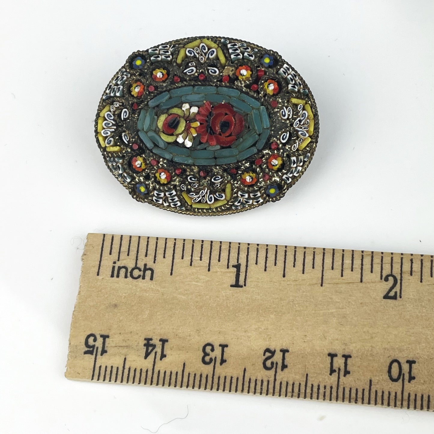Vintage Italian Micro Mosaic Brooch with Red Rose
