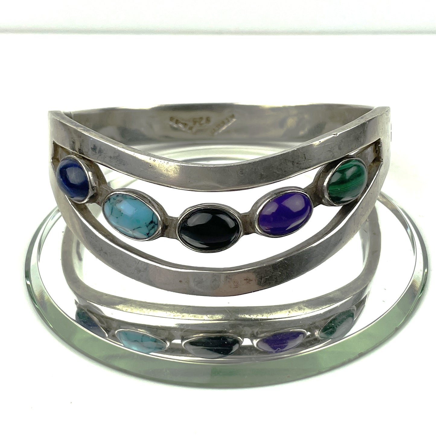 Vintage Mexican Sterling Silver & Semi Precious Stone Cut-Out Cuff Bracelet