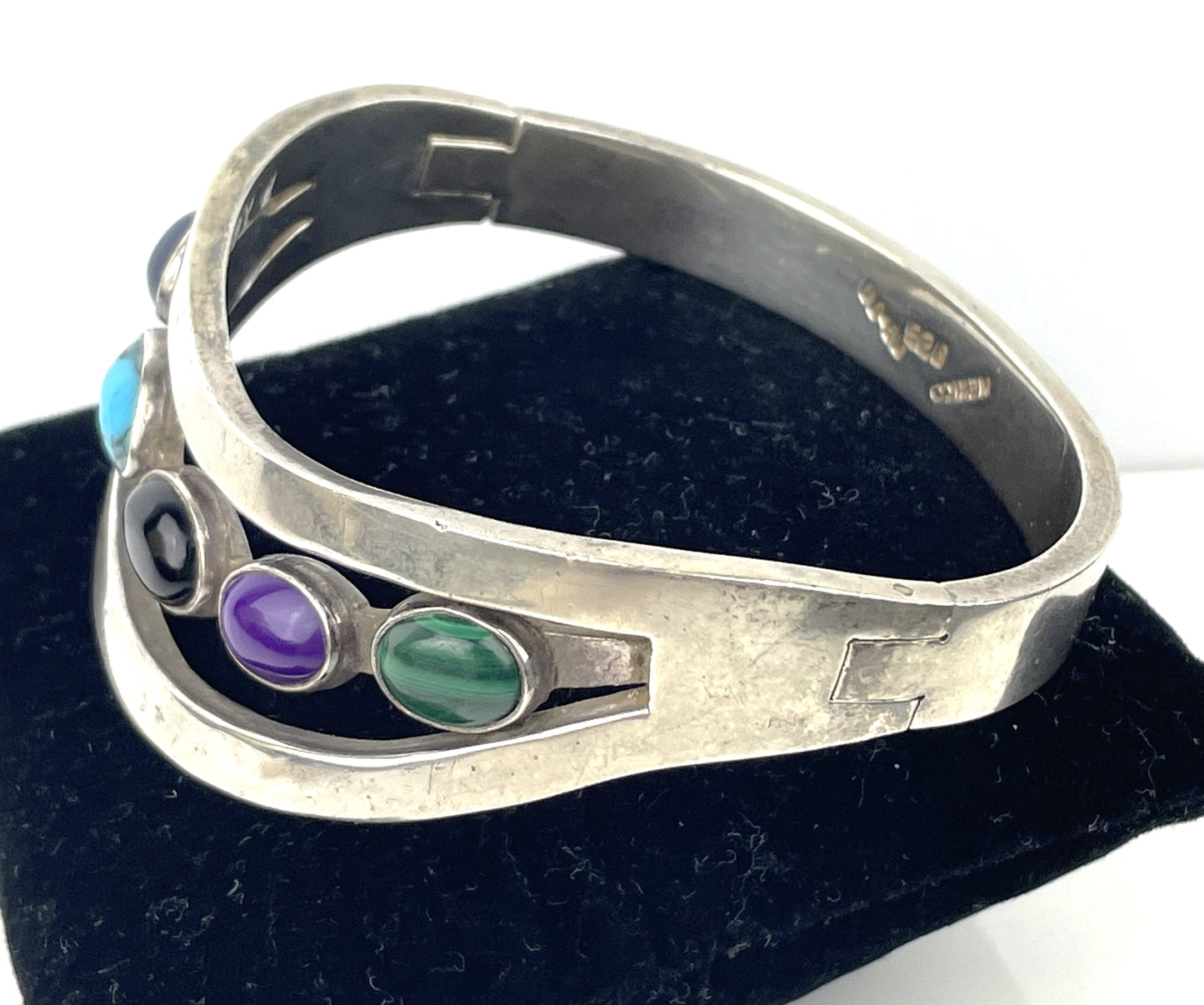 Vintage Mexican Sterling Silver & Semi Precious Stone Cut-Out Cuff Bracelet