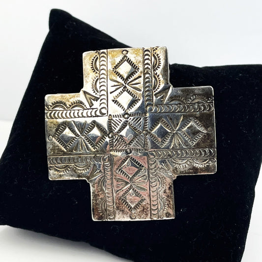 Native American Navajo Signed AJM Sterling Cross Brooch