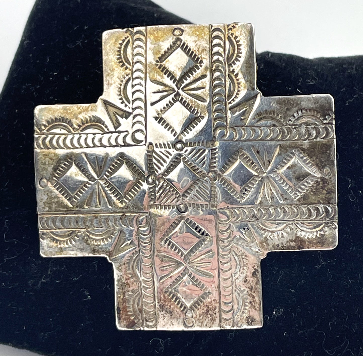 Native American Navajo Signed AJM Sterling Cross Brooch