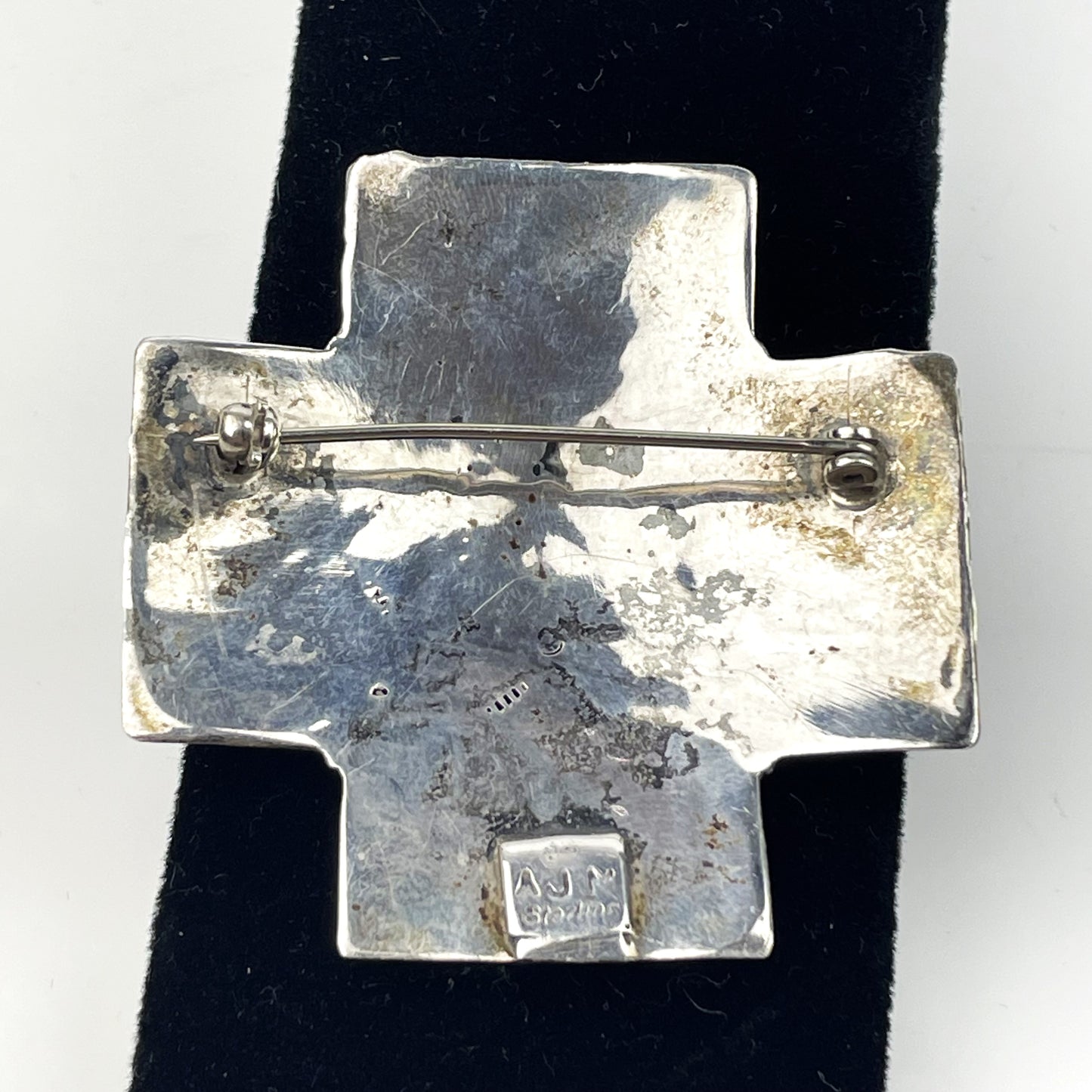 Native American Navajo Signed AJM Sterling Cross Brooch