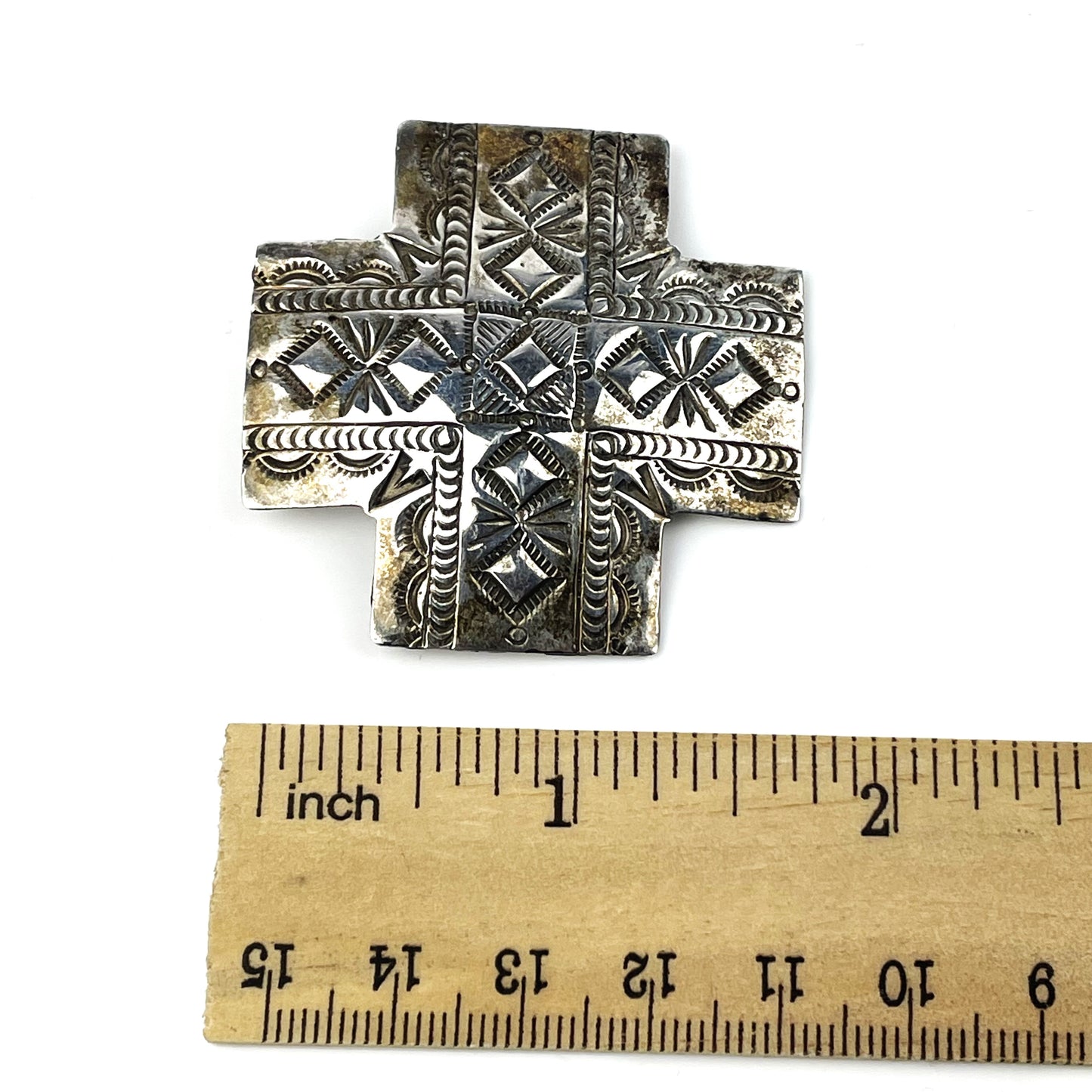 Native American Navajo Signed AJM Sterling Cross Brooch