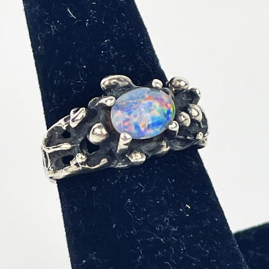 Vintage Opal Ring in Sterling Silver Brutalist/Modernist Setting