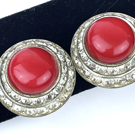 Dramatic Red Mid-Century Earrings with Rhinestones