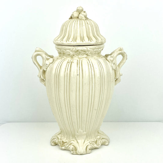 Italian Small Vintage Off-White Majolica Covered Urn with Fruit Handle