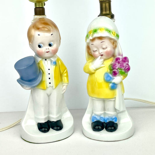 Pair of Vintage Ceramic Childrens Lamps with Wedding Theme