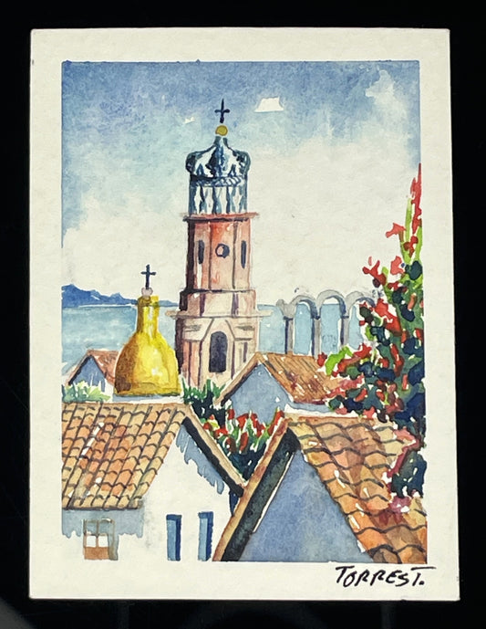 Original Miniature Watercolor Painting of Eastern Orthodox Church Spire Signed Torrest