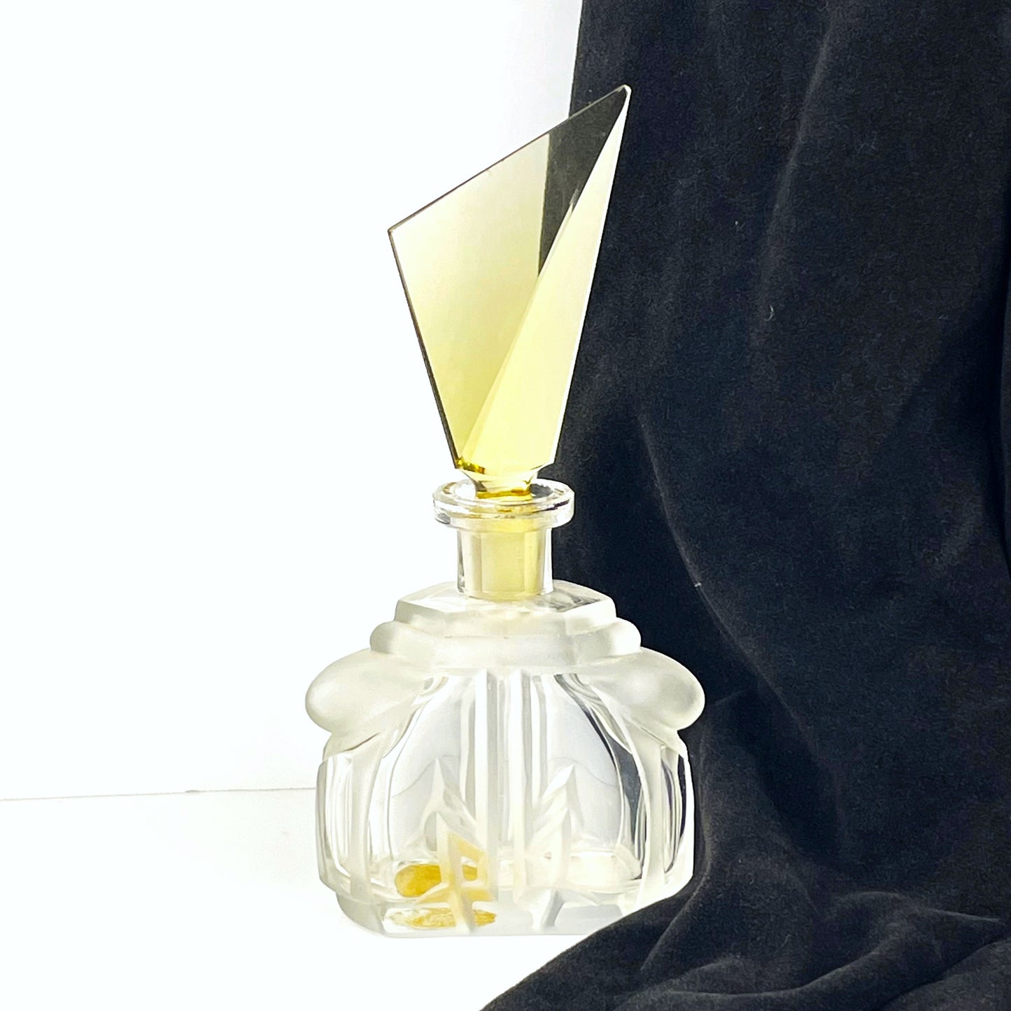 Art Deco 1920s Czech Glass Perfume Bottle with Angled Yellow Stopper