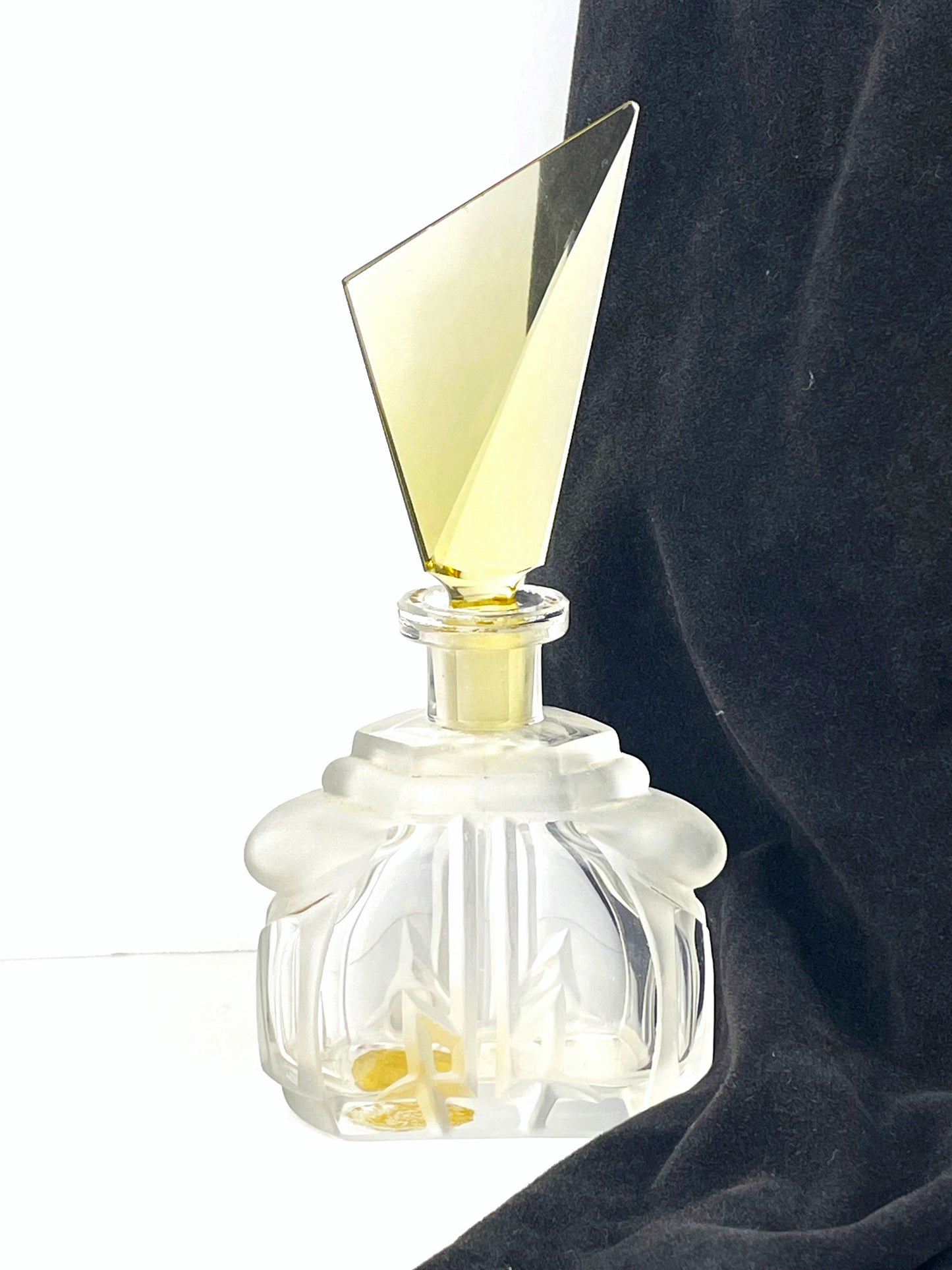 Art Deco 1920s Czech Glass Perfume Bottle with Angled Yellow Stopper