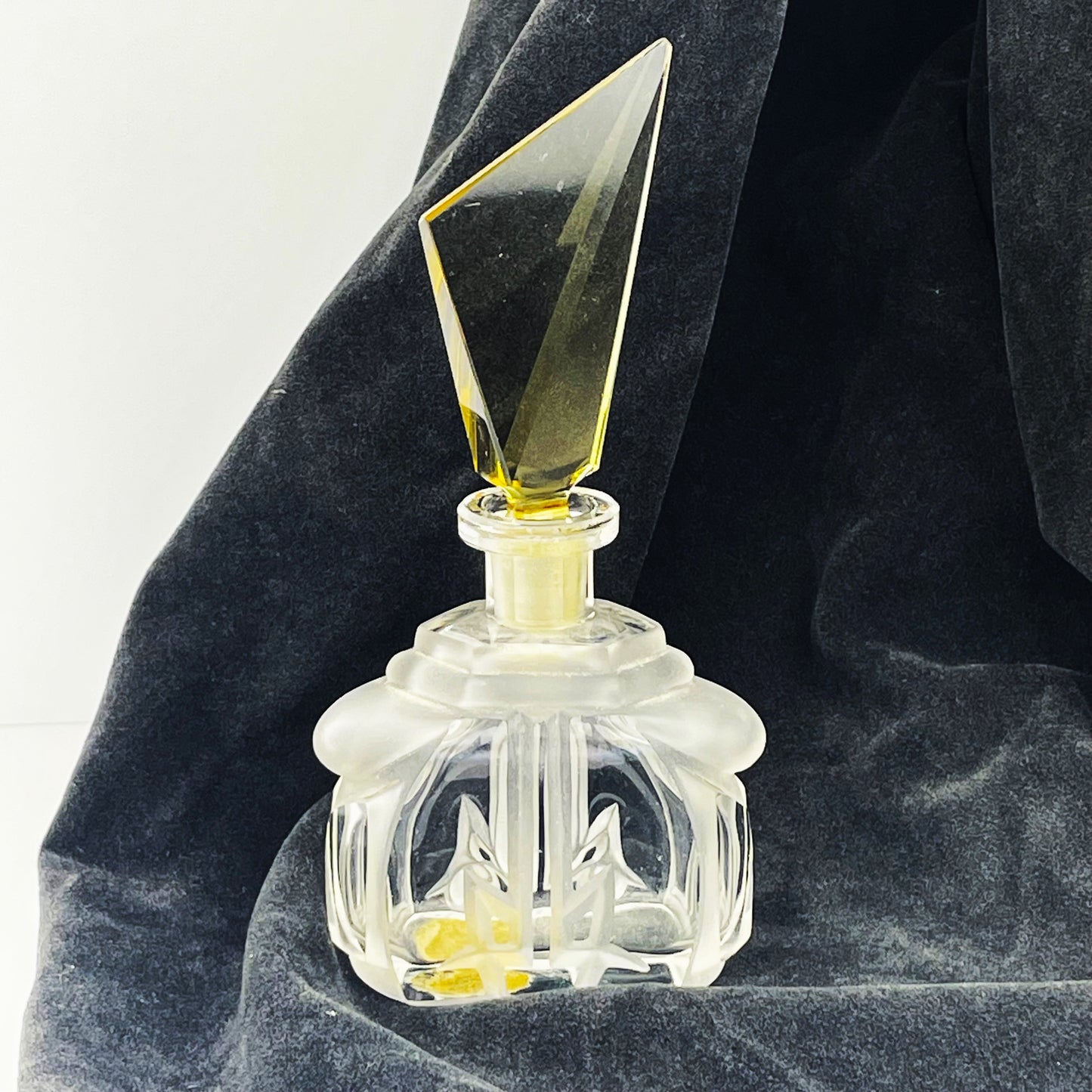 Art Deco 1920s Czech Glass Perfume Bottle with Angled Yellow Stopper