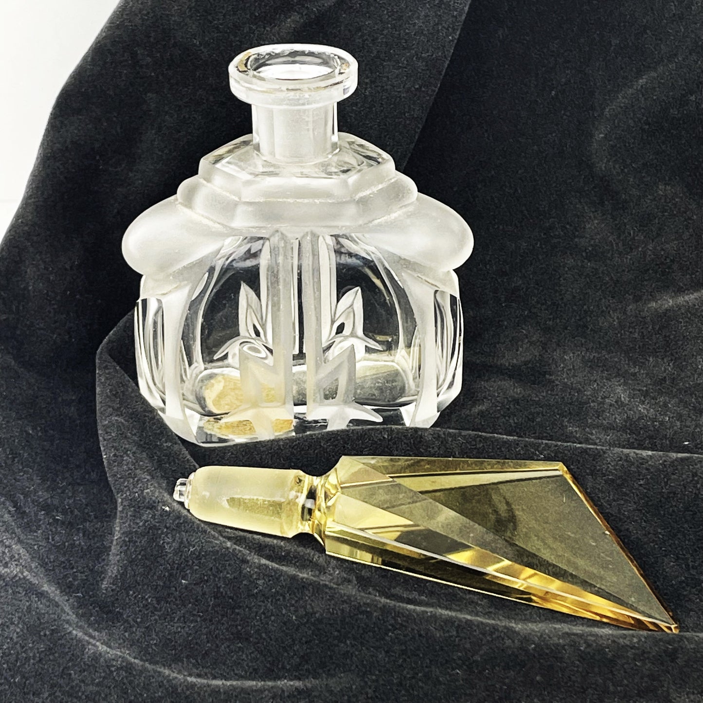 Art Deco 1920s Czech Glass Perfume Bottle with Angled Yellow Stopper