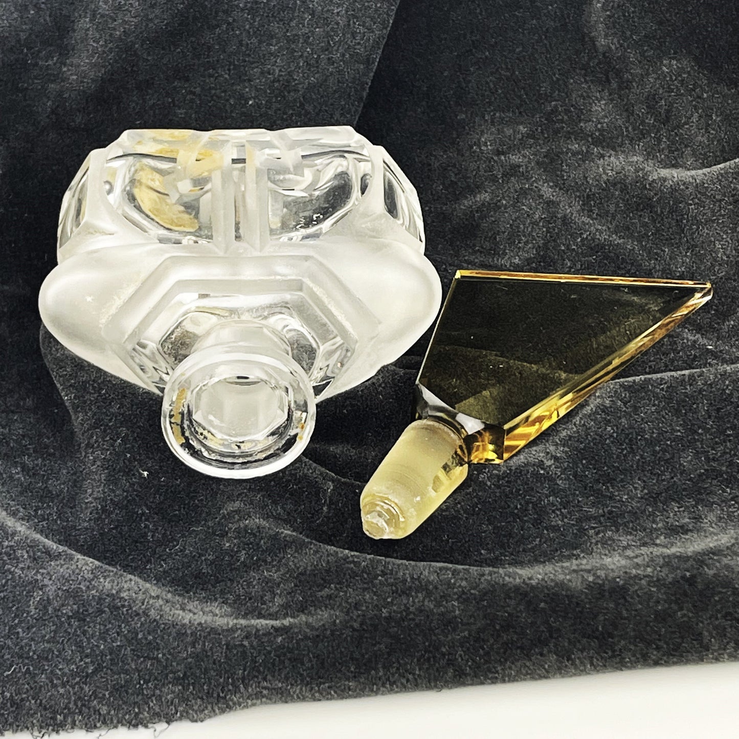 Art Deco 1920s Czech Glass Perfume Bottle with Angled Yellow Stopper