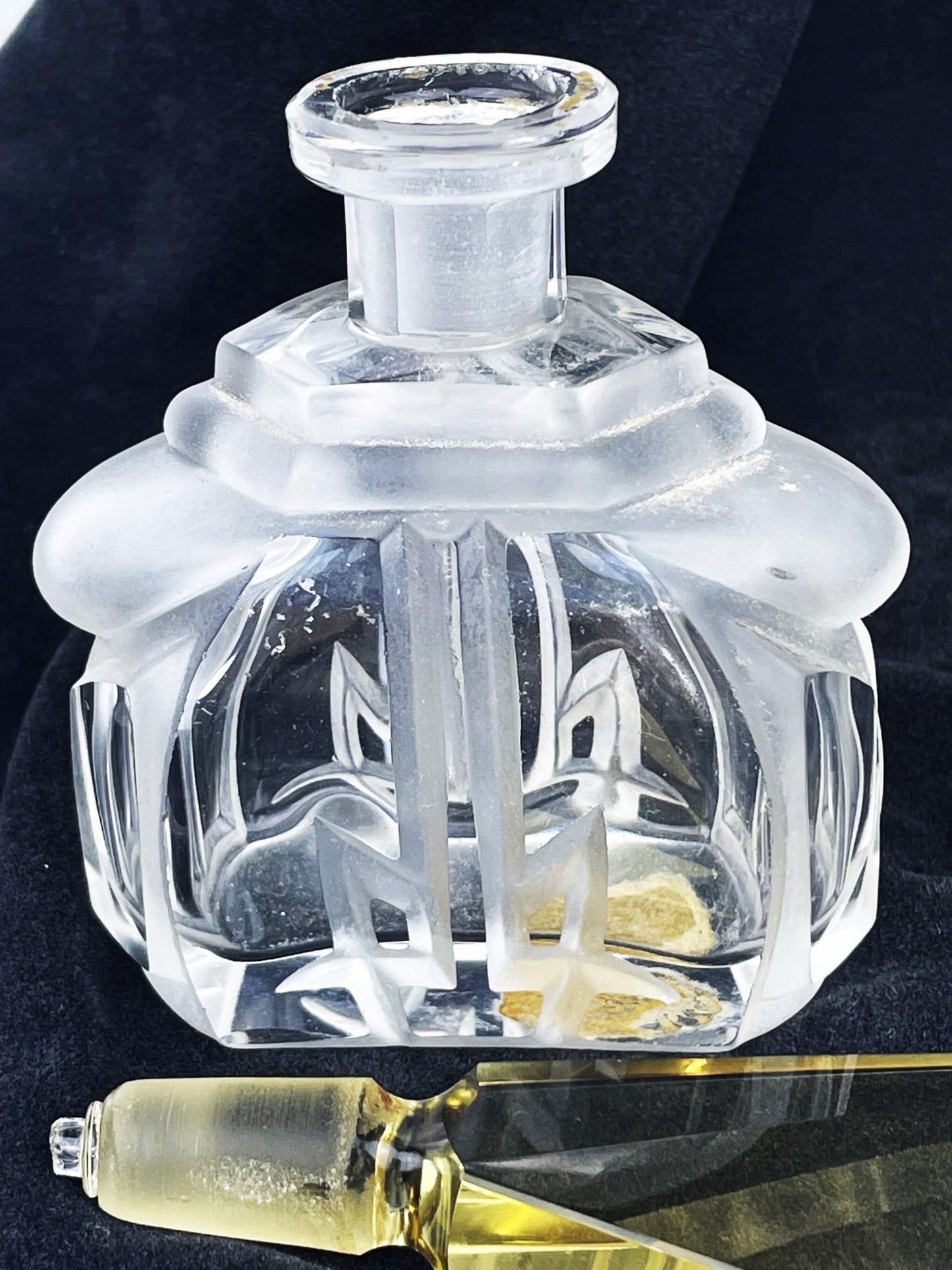 Art Deco 1920s Czech Glass Perfume Bottle with Angled Yellow Stopper