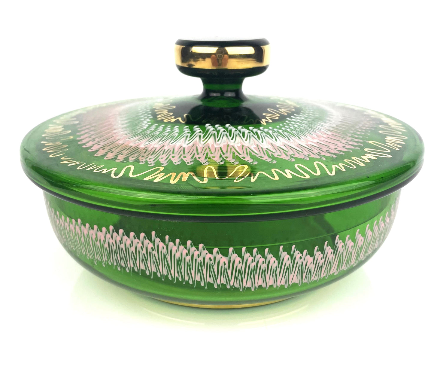 Mid-Century Bohemian Czech Green Glass Covered Dish