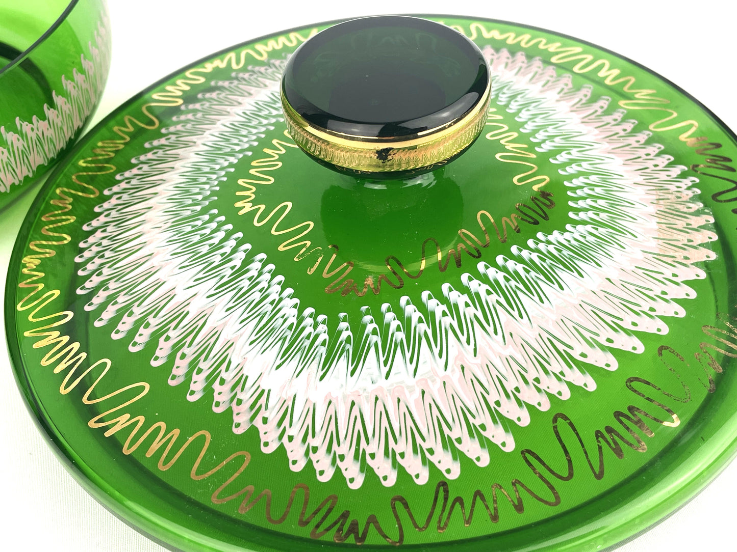 Mid-Century Bohemian Czech Green Glass Covered Dish