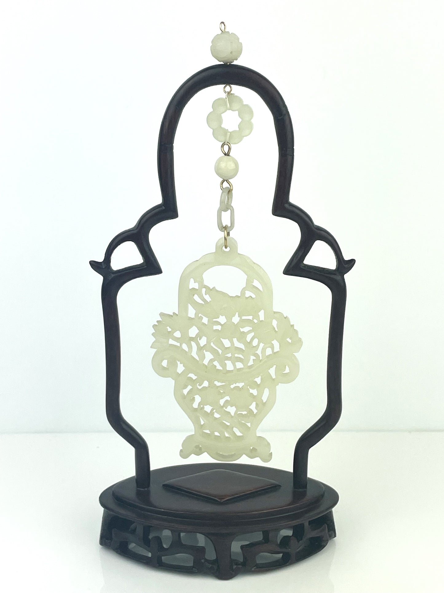 Chinese Carved Jade Vase Form Plaque Hanging from Rosewood Frame