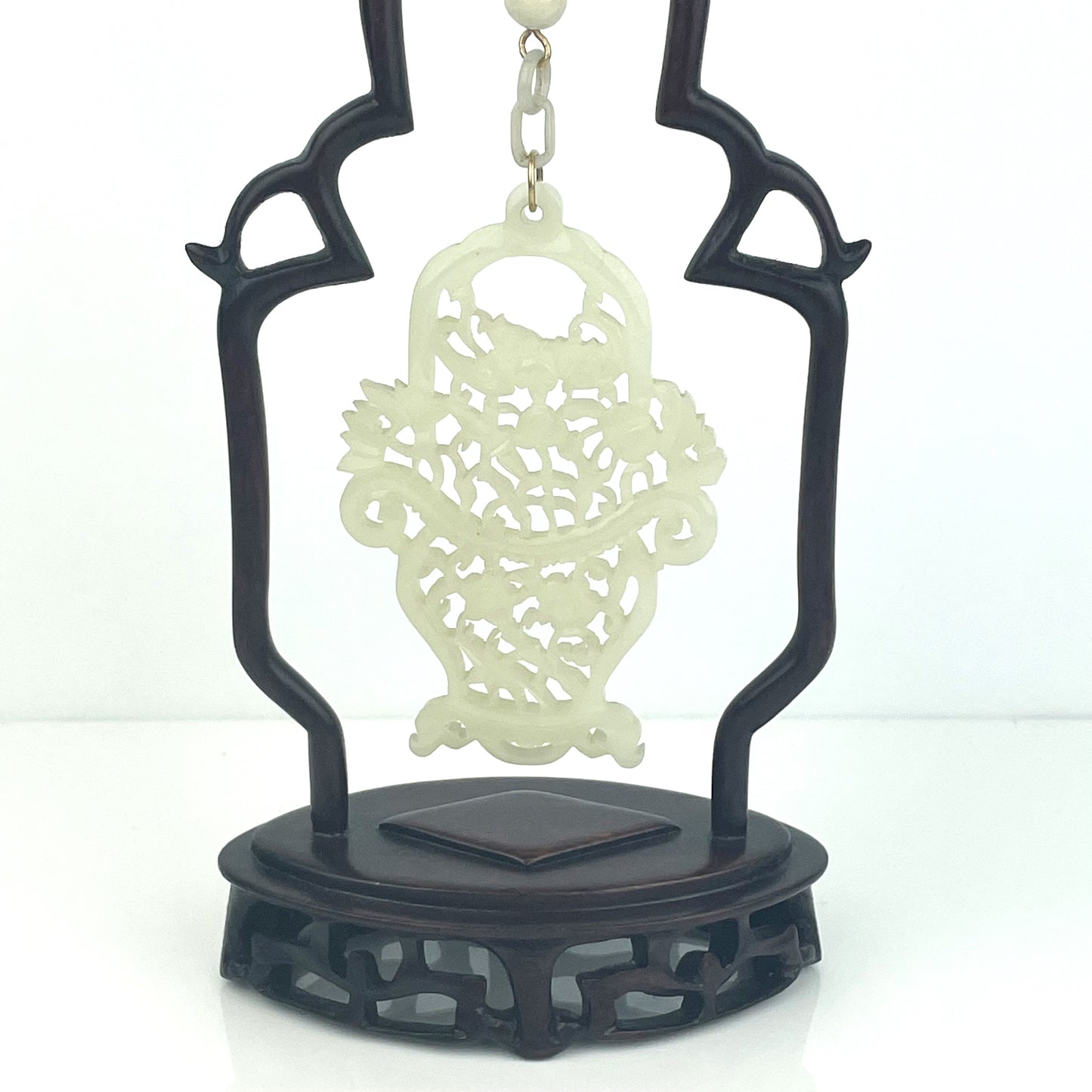 Chinese Carved Jade Vase Form Plaque Hanging from Rosewood Frame