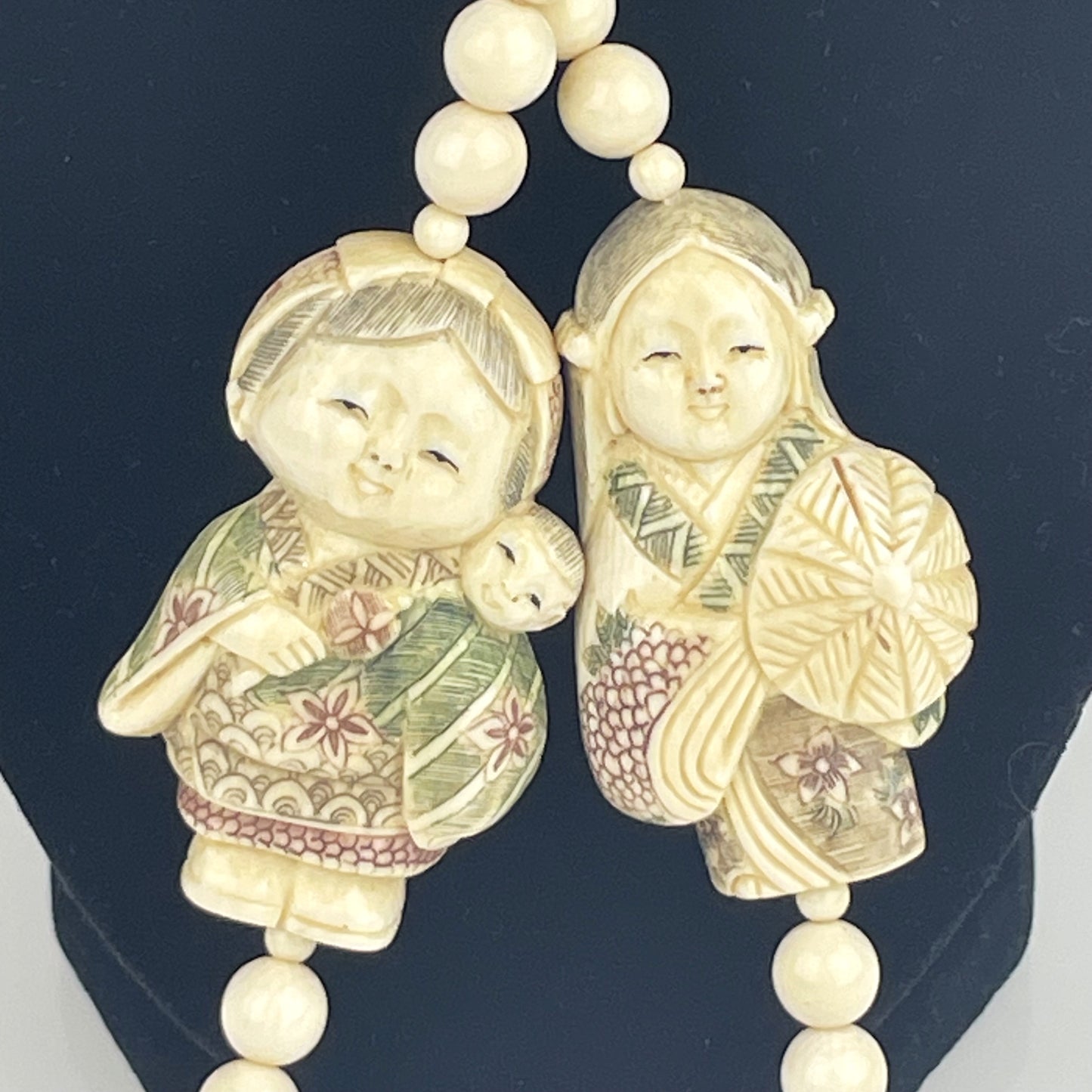 Vintage Japanese Carved Youth Pendants Signed Beaded Necklace