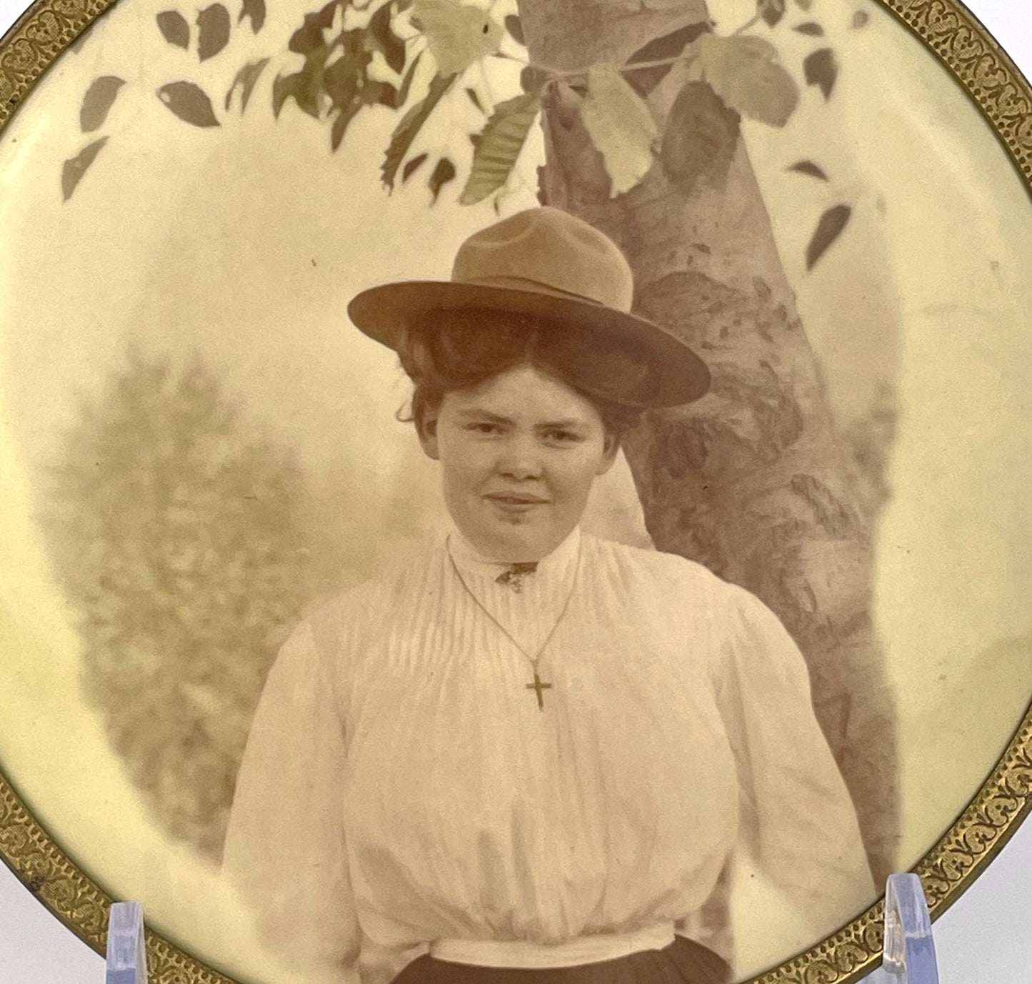 Antique Large Circular Tintype Country Pioneer Woman Columbia Medallion Studios