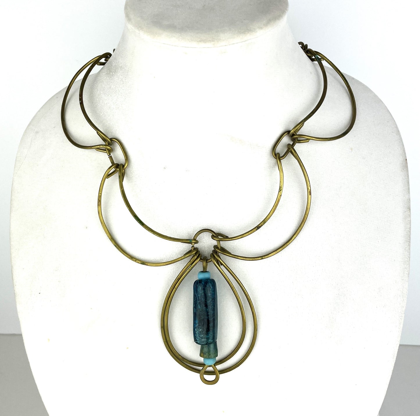 Dramatic 1970s Artisan Brass & Blue Glass Statement Necklace