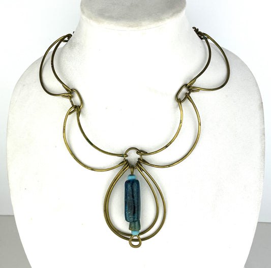 Dramatic 1970s Artisan Brass & Blue Glass Statement Necklace