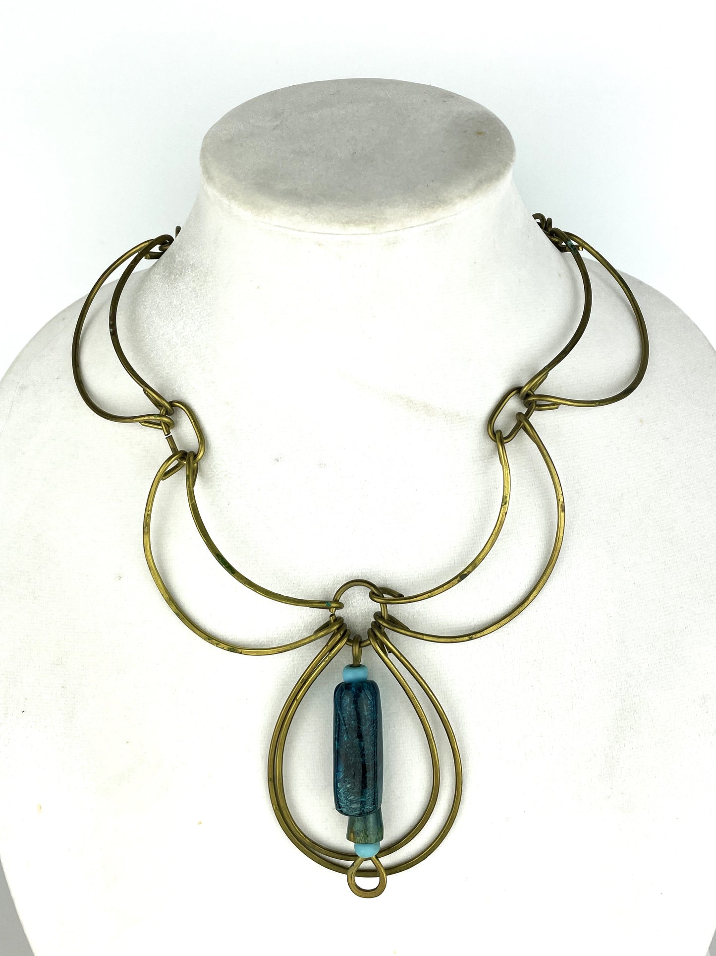 Dramatic 1970s Artisan Brass & Blue Glass Statement Necklace