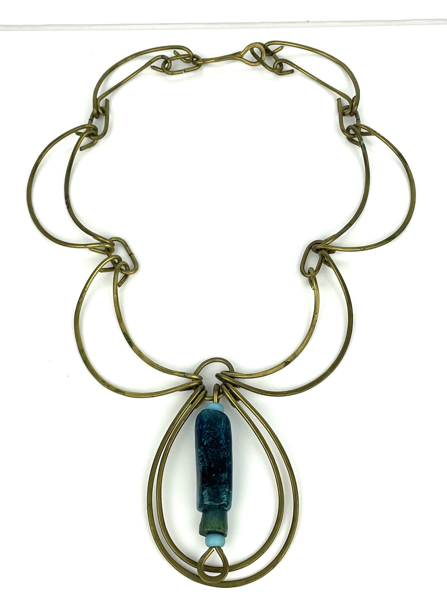 Dramatic 1970s Artisan Brass & Blue Glass Statement Necklace