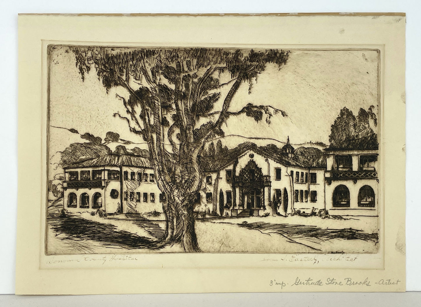 Gertrude Stone Brooks Etching Sonoma California Mission Buildings