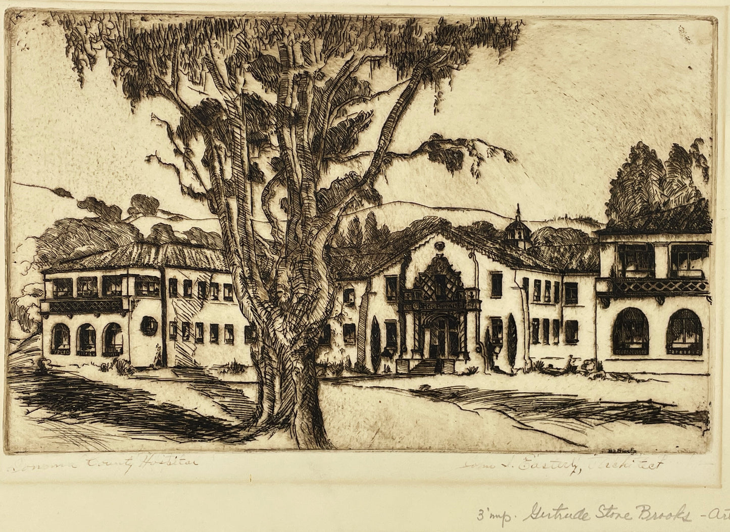 Gertrude Stone Brooks Etching Sonoma California Mission Buildings