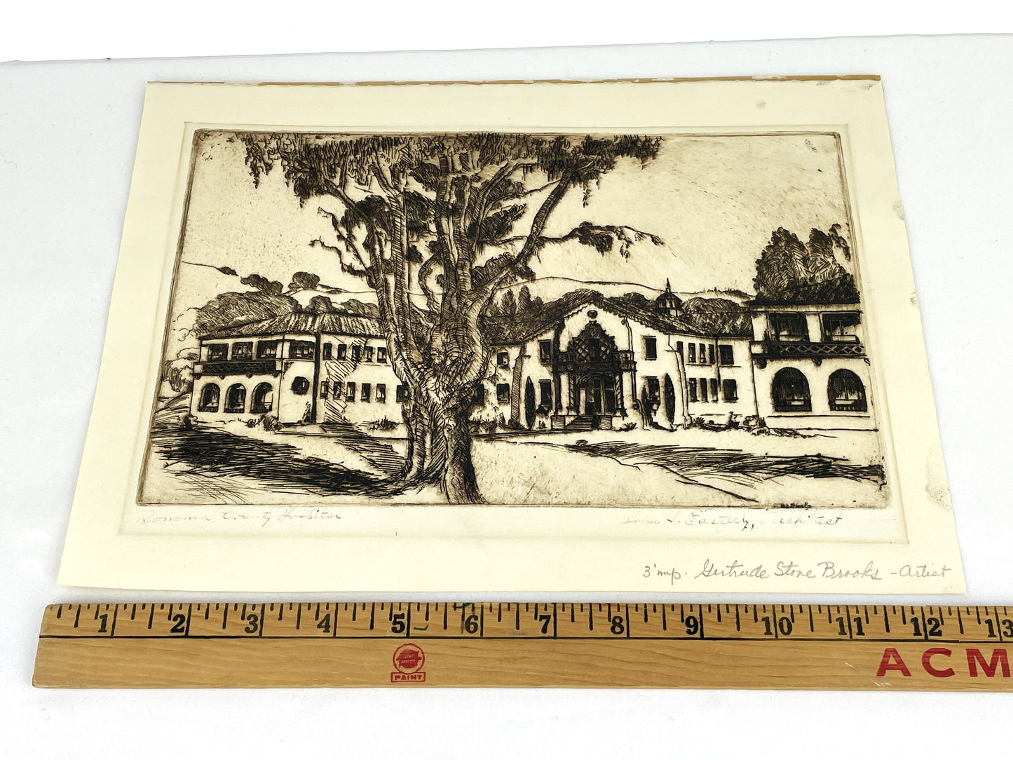 Gertrude Stone Brooks Etching Sonoma California Mission Buildings