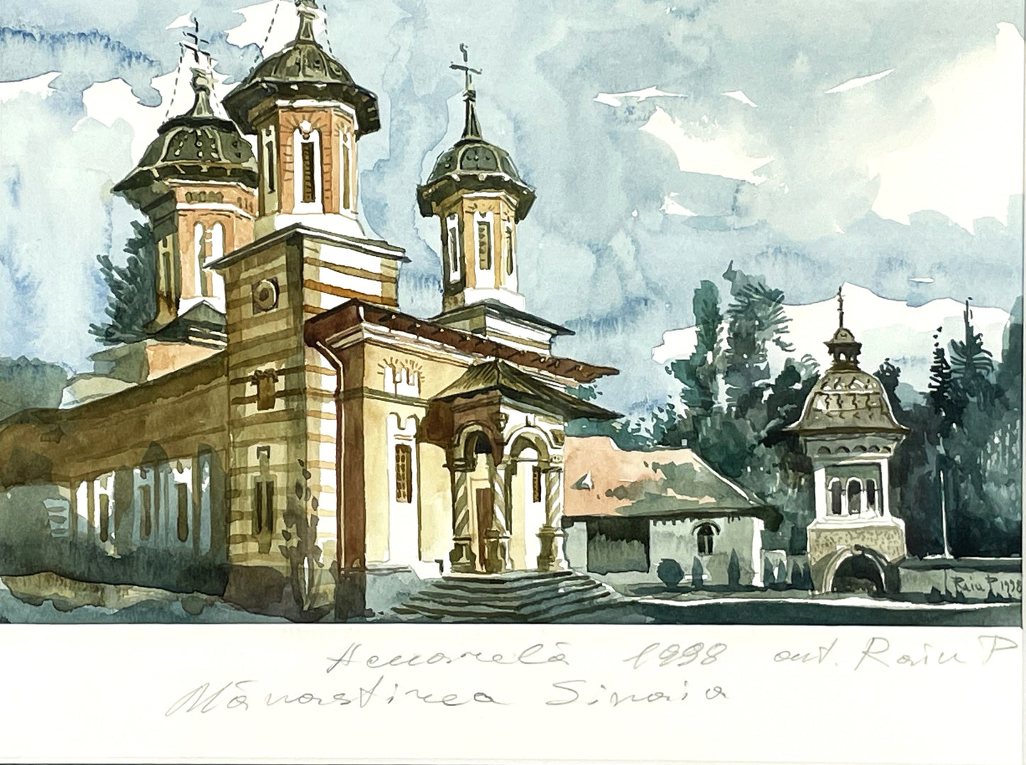 Fine Contemporary Signed Watercolor Painting Sinaia Monastery Romania