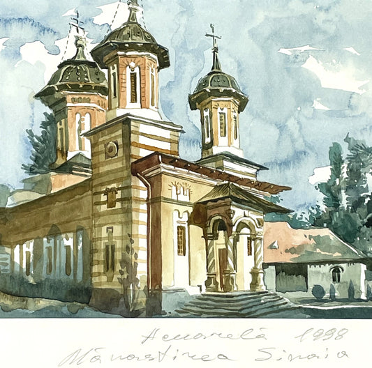 Fine Contemporary Signed Watercolor Painting Sinaia Monastery Romania